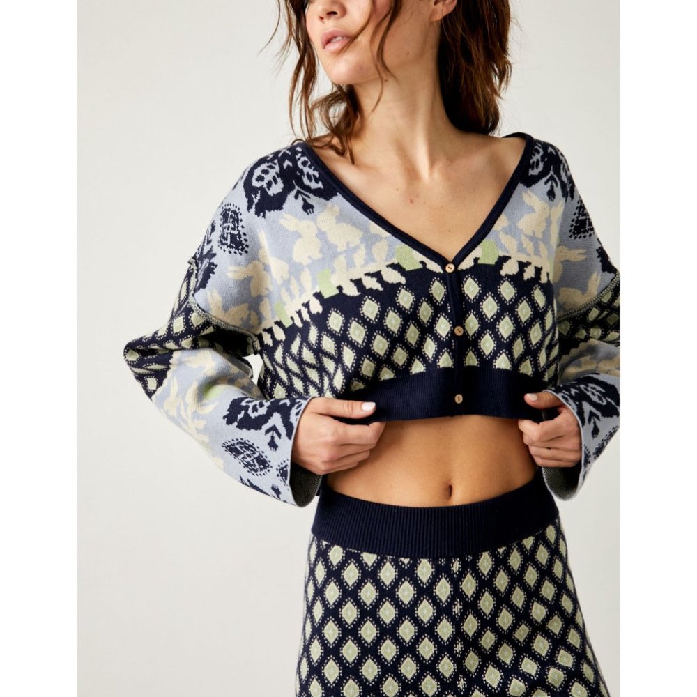 Free People Navy and Light Yellow Patterned Cropped Cardigan